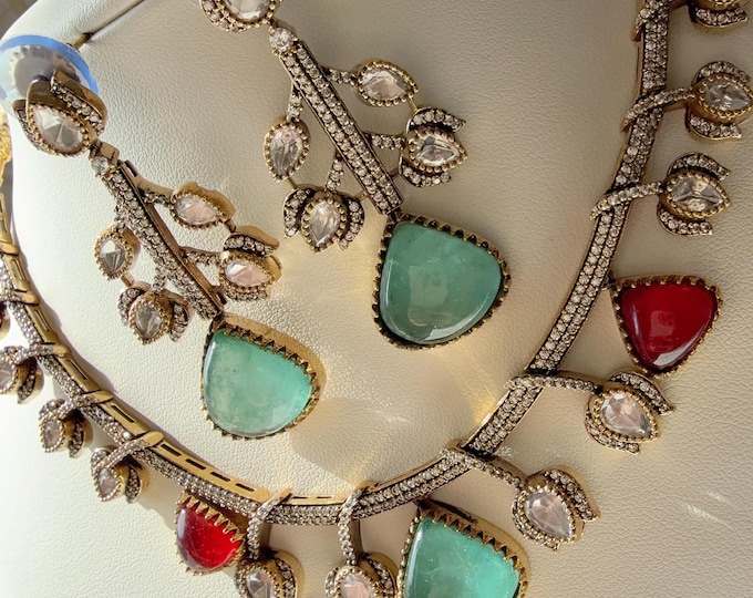 Moissanite doublet stones Mint Ruby Necklace set /Doublet Uncut Kundan  Necklace Antique Finish/   Moissanite Mint Ruby  Necklace Set