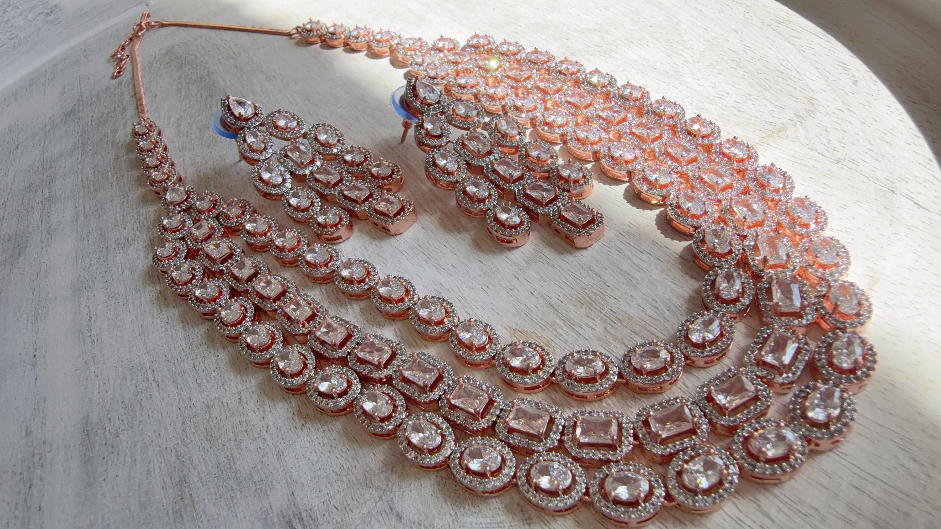 Rose Gold Triple Layer Long Diamond CZ Necklace Elegant Multi-Layer Cubic Zirconia Necklace - Angel Rose