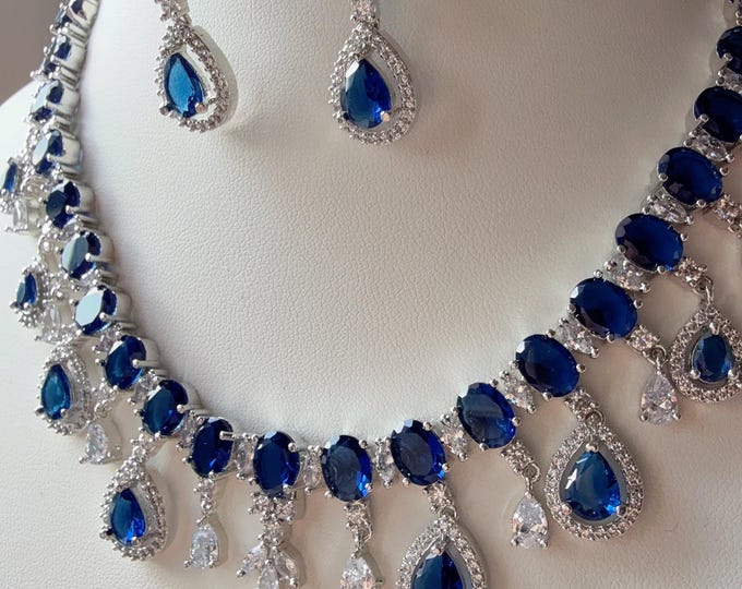 Silver  Necklace diamond sapphire necklace /Indian jewelry/ CZ Choker/Bridal choker/ Indian Necklace/silver  diamond choker