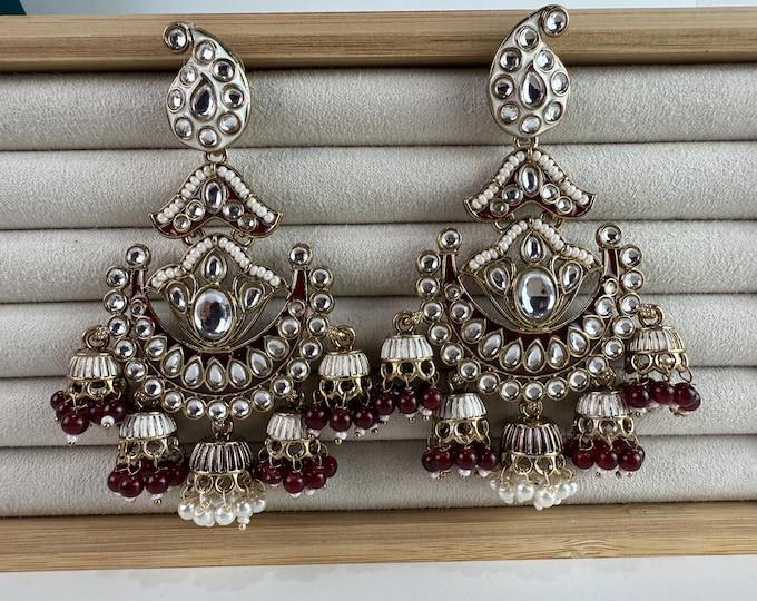 Maroon Pearl Meenakari  Kundan jhumka chandbali Earrings/Kundan chandbali /Bridal earrings/Pearl drop earrings /Maroon Earrings
