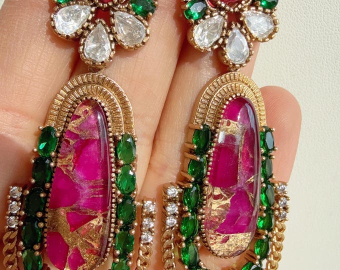 Sabyasachi-Inspired Moissanite Ruby Green Earrings/Elegant Statement Jewelry/ Moissanite Green  Earrings/Bridal Diamond earrings