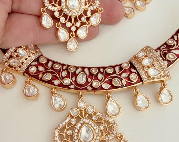 Moissanite kundan Maroon hasli necklace set with jhumka earrings/Diamond  Hasli / Rajwadi Maroon Hasli /Indian Wedding jewelry