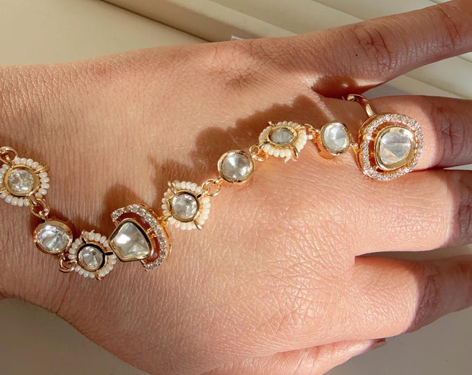 Moissanite diamond  Hathphool /Diamond pearl hand harness/Indian Jewelry/Hand Jewelry/single Haath phool/Hathh Panja