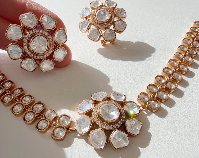 Moissanite Kundan Jewelry  choker set/Polki Kundan Stone choker and Studs Necklace / Indian Bridal Jewelry/Indian Wedding jewelry