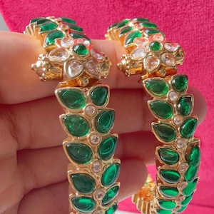 Set di bracciali da sposa Kundan/Kada verde/Braccialetti indiani Kada apribili in oro Kemp verde/Kada antico