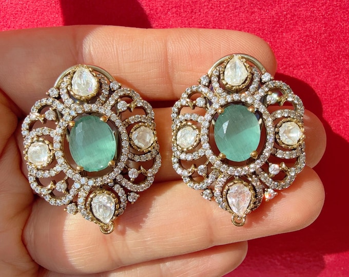 Moissanite precious Stone Mint stud Earrings/Moissanite  diamond Kundan Studs /Indian Jewelry /Statement Stud Earring/