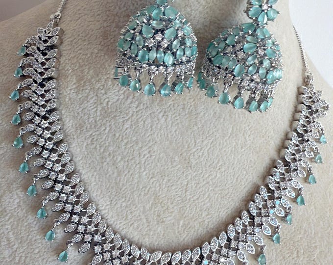 Mint CZ diamond necklace  /Indian jewelry/ CZ bridal necklace/Bridal diamond jhumka choker/Mint Silver CZ Diamond necklace/