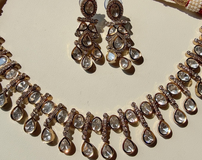 Gold Finish Moissanite Drop Necklace Set/Bridal Kundan Jewelry Victorian moissanite choker/Moissanite Kundan Necklace /Indian Bridal Jewelry