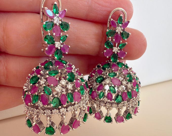 Silver Ruby green Luminous  jhumka Earrings next to real / Indian Jewelry Indian Earrings/Multi color Diamond Earrings