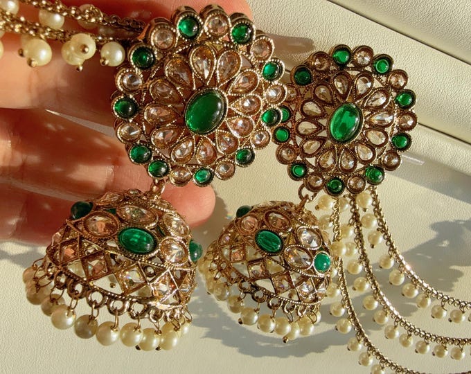 Antique polki Kundan bahubali Green  Earrings Set  With detachable Earchain Sahare / Green Jhumka Polki Earrings / Indian Jewelry