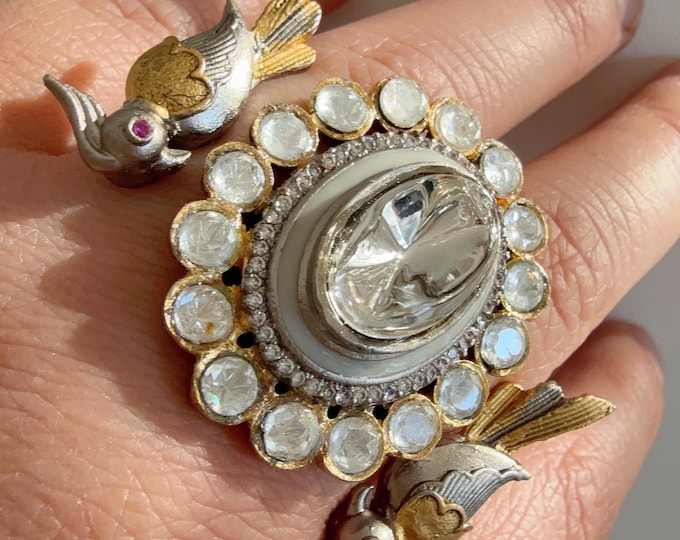 Bridal Kundan Moissanite  Oversized Ring/Adjustable Ring/Double Finger Kundan Statement Ring /Indian Wedding jewelry/Two Finger Kundan ring