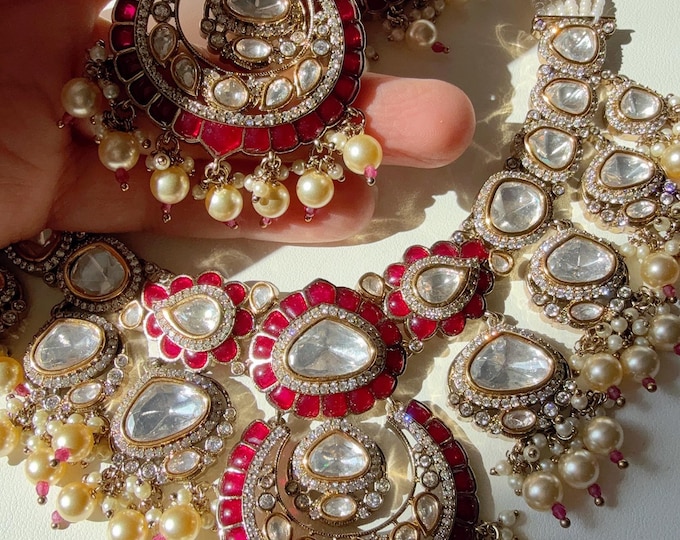 Semi Bridal  Kundan Jewelry Moissanite Ruby necklace Set/Kundan Moissanite Necklace/ Indian Bridal Jewelry/Kundan Jewelry