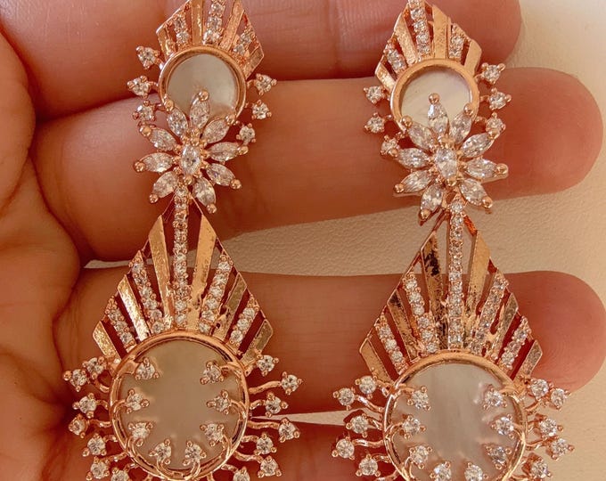 MOther of pearl rose gold diamond  Earrings/ Indian Jewelry Indian Earrings/American Diamond jhumka/CZ Earrings/Indian jhumka