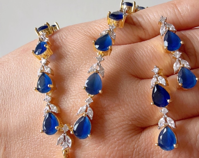 Gold  single line simple elegant Blue Sapphire  diamond necklace  /Indian jewelry/Diamond jewelry/ Indian Necklace/ diamond necklace