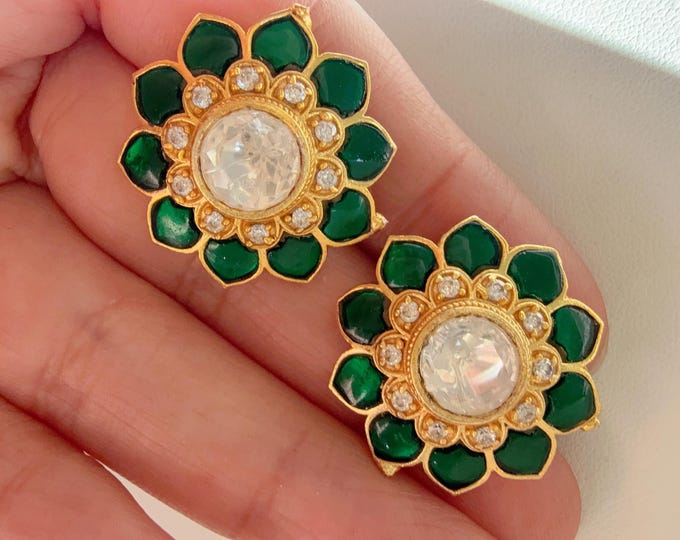 Moissanite Meenakari Green Kundan Studs /Indian Jewelry /Statement Stud Earring/Kundan Stud Earrings/Cz Studs/Diamond Meenakari Stud
