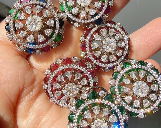Diamond CZ antique  gold Diamond studs /Multi Studs/Indian Jewelry/diamond  Studs/Statement Stud Earring/Kundan Green stud Earrings