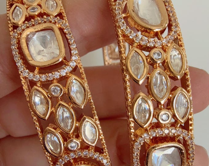 Openable Moissanite Gold kundan bridal Polki wide kada Bangles / Cz stone Moissanite kada /Indian Jewelry /bridal kundan wide kada bangles