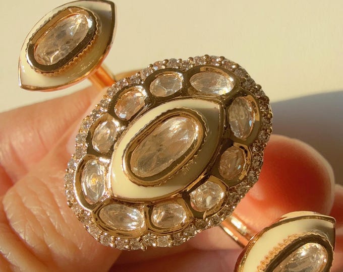 Bridal Kundan Moissanite Meenakari Ring/green bridal Ring/Double Finger Kundan Statement Ring /Two Finger Kundan ring