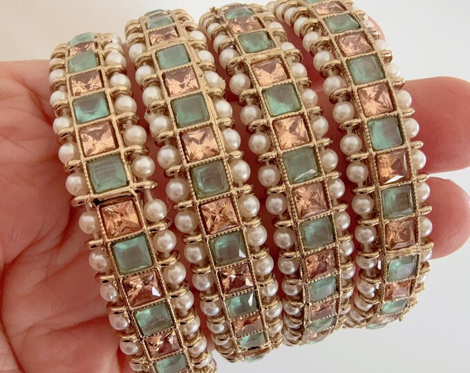Mint Kundan Bangles/Polki Kundan  Pearl Bangles Set(4 Pc) /Indian Jewelry/ Kundan Bangles/Mint  kundan bangles/Indian Bangles