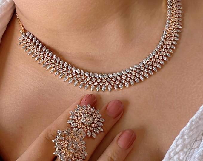 Rose gold Necklace diamond choker  /Indian jewelry/ CZ Choker/Bridal choker/ Indian Necklace/2 Tone diamond choker/Gifts for Her