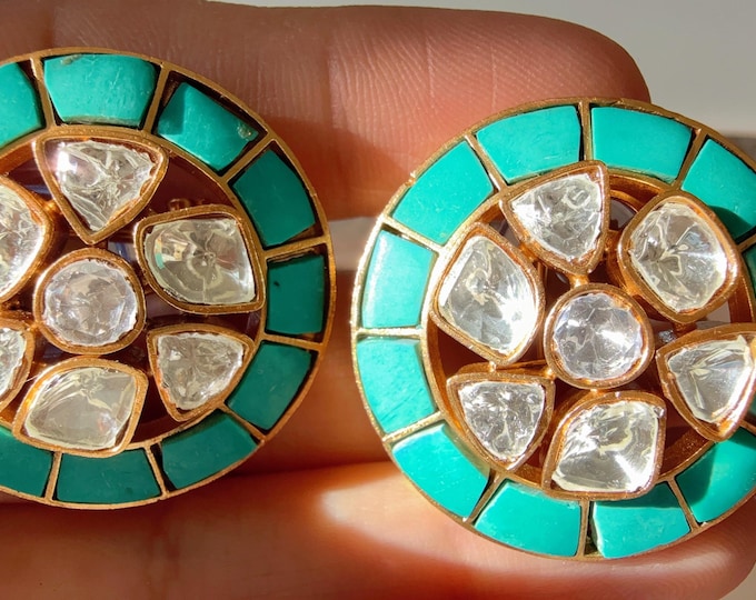 Turquoise Talpe Cut Gemstone  Earrings/Moissanite  diamond Kundan Studs /Indian Jewelry /Statement Stud Earring/