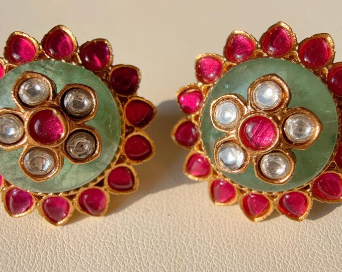 Mint Ruby Doublet stud  Earrings/Moissanite  diamond Kundan Studs /Indian Jewelry /Statement Stud Earring/