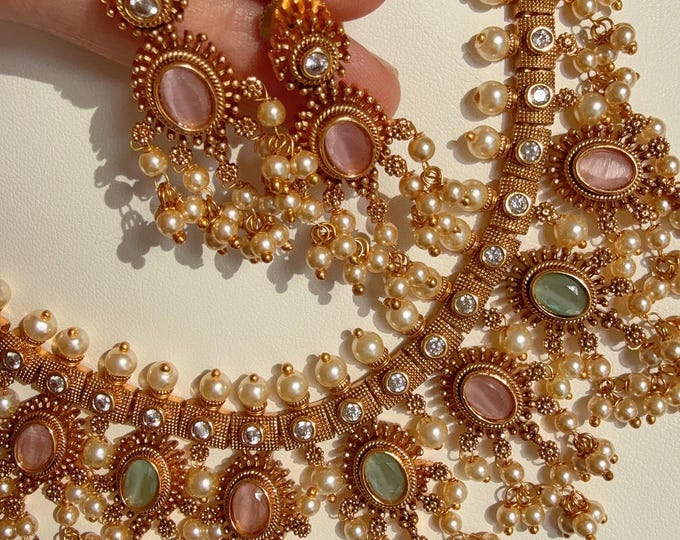 Gold plated Mint pink  Necklace /South Indian jewelry/Indian Wedding jewelry/Gold Finish Mintpink stone necklace/Bridal Necklace