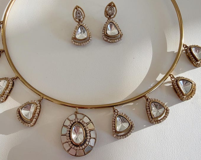 MOP & Moissanite Hasli Set /Kundan Moissanite gold hasli necklace/Polki Kundan Stone diamond Necklace / Hasli choker/Indian Wedding jewelry