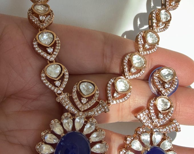 Kundan Jewelry Moissanite Doublet Stone necklace set/Kundan Moissanite Stone bridal  Sapphire blue Necklace / Indian Bridal Jewelry