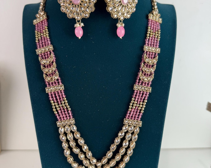 Long Kundan polki Necklace Set with earrings and Tikka   /Kundan Pink necklace /bridal necklace/Indian wedding jewelry/Bridal necklace set