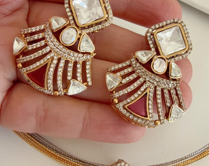 Moissanite Ruby diamond   hasli necklace set with earrings/Traditional Divine Diamond Ganesha hasli choker/Indian Wedding jewelry