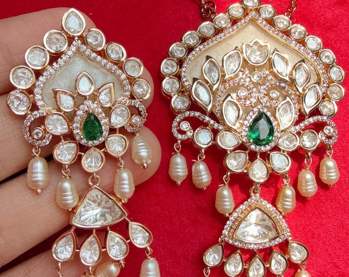 Mother of pearl  Moissanite green emerald long necklace Set/Kundan Moissanite Necklace/Kundan Wedding Jewelry/Semi bridal set