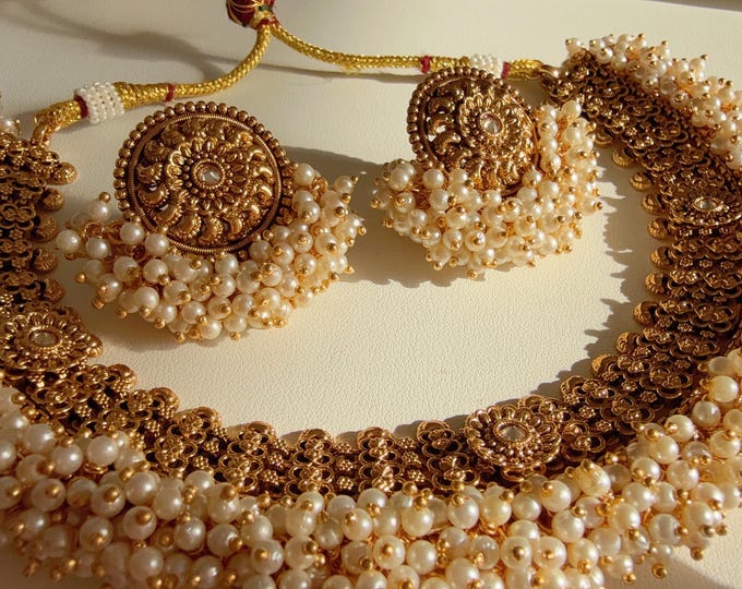 Chandni  Pearls sangeet Necklace Set/1 Gram gold choker/Antique Gold Necklace/Indian wedding jewelry/South Indian Jewelry/Wedding necklace
