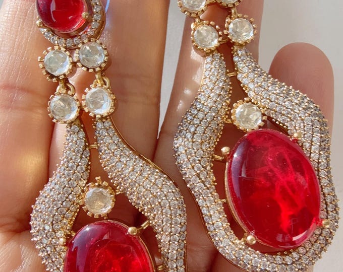 Sabyasachi-Inspired Diamond Doublet Ruby kundan Earrings/ Statement Jewelry/Diamond Moissanite doublet clubbed together Earrings/