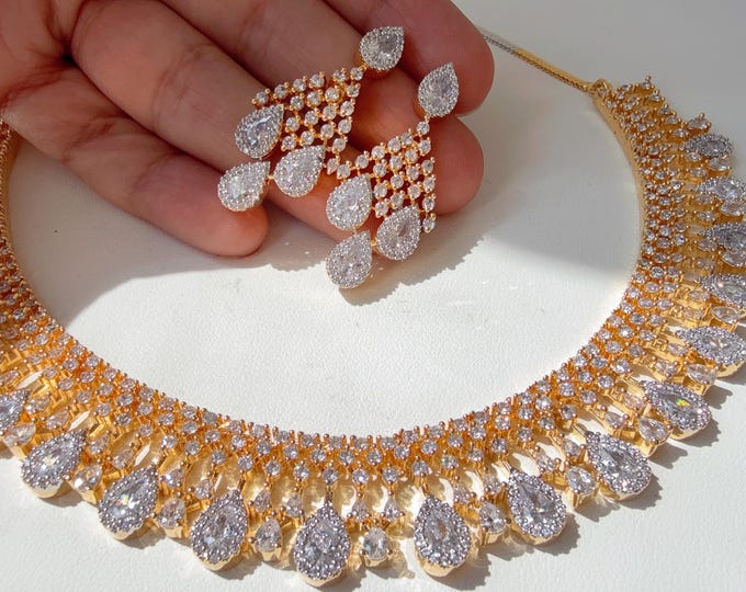 2 tone Necklace diamond necklace /Indian jewelry/ CZ Choker/Bridal choker// Indian Necklace/2 tone diamond choker