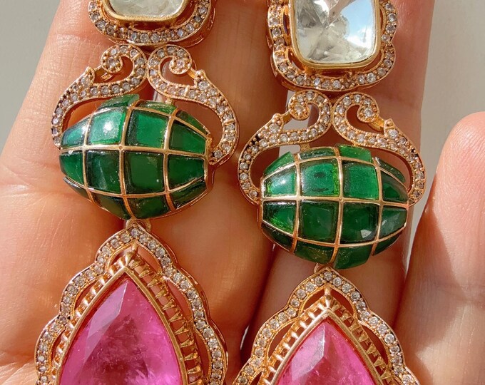 Sabyasachi-Inspired Moissanite Baby pink green Earrings/Elegant Statement Jewelry/ Moissanite  Earrings/Bridal Diamond earrings