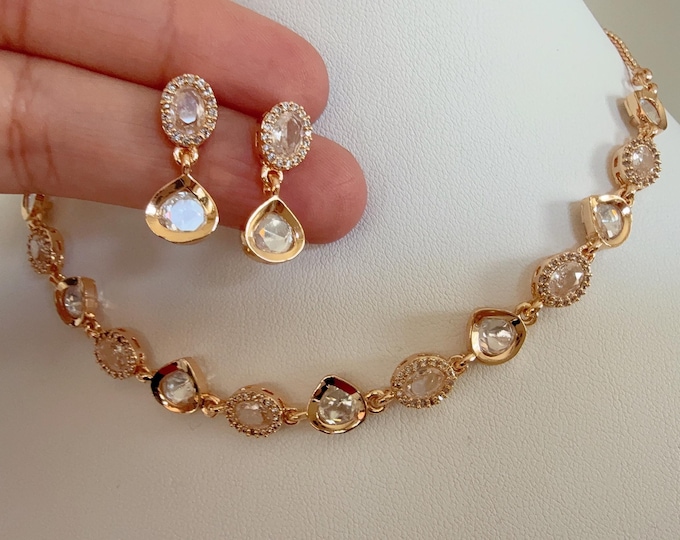 Gold Kundan Jewelry Moissanite gold look like  chain  Dainty  necklace /Indian Bridal Jewelry/Real  Moissanite Drop Dainty necklace