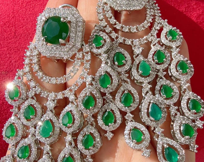 Diamond Chandelier Green Earrings / Indian Jewelry Indian Earrings/American Diamond jhumka/CZ Earrings/Indian jhumka