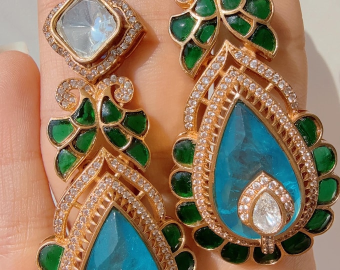 Sabyasachi-Inspired Moissanite Earrings/Elegant Statement Jewelry/ Moissanite Emerald Turquoise dual shade Earrings/Bridal Diamond earrings