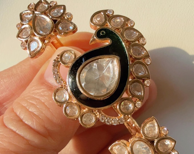 Bridal Kundan Moissanite Meenakari peacock Ring/green bridal Ring/Double Finger Kundan Statement Ring /Two Finger Kundan ring