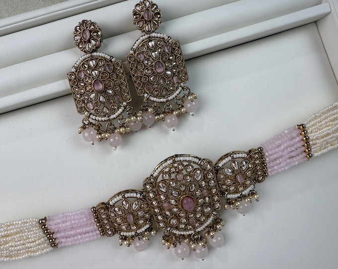Baby Pink choker /Pearl Kundan Necklace Set with jhumka /Kundan Baby pink  Choker/bridal necklace/Indian wedding jewelry/