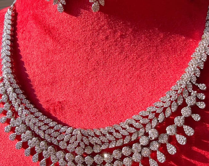 Rhodium silver  double strand  Diamond Necklace set /Indian jewelry/Bridal choker/Diamond choker/ Indian Necklace/Silver  diamond choker