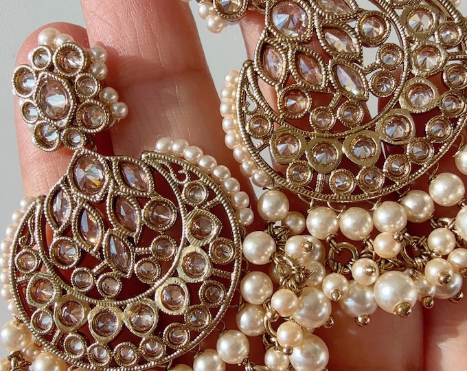kundan chandbali Gold  earrings  jhumka/Kundan Earrings /Statement earrings /Bridal earrings/Pearl drop earrings/Mint   Antique earrings