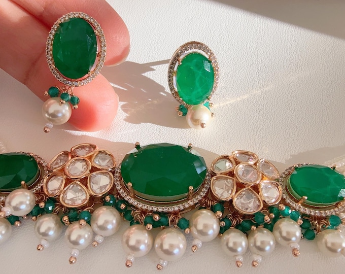 Moissanite doublet stones Emerald choker set Kundan choker necklace set/  Doublet Stone & Moissanite green Choker Necklace Set