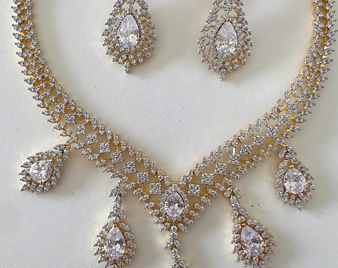 2 Tone  Diamond Necklace Statement Necklace / Indian jewelry/ CZ Choker/Bridal choker/Diamond choker/diamond necklace  choker