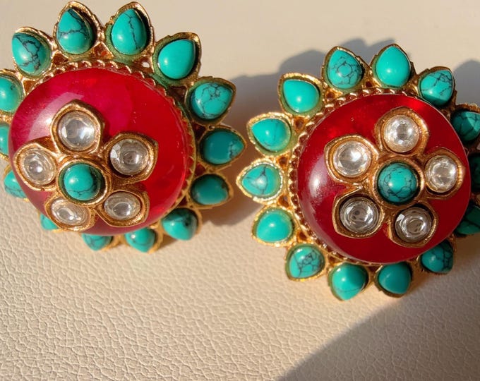 Ruby Firoza Doublet stud  Earrings/Moissanite  diamond Kundan Studs /Indian Jewelry /Statement Stud Earring/Indian studs