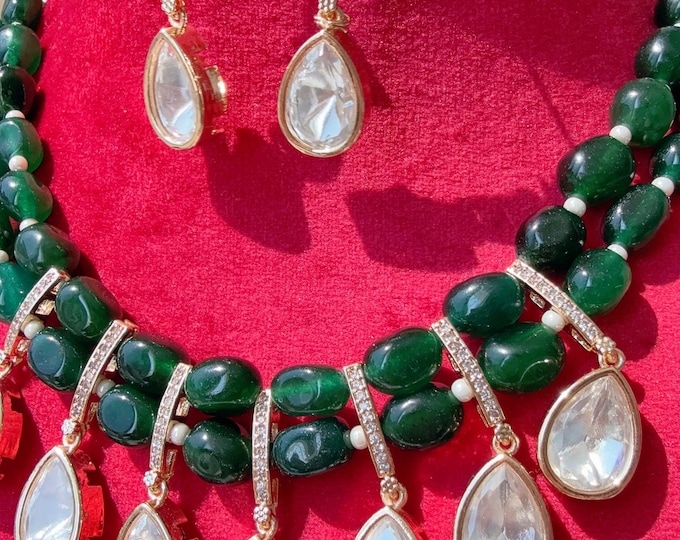 Sabyasachi inspired green emerald  mala set/ Moissanite Kundan  Monalisa Stone Jewelry  set/Indian Bridal Jewelry/Indian Wedding jewelry/