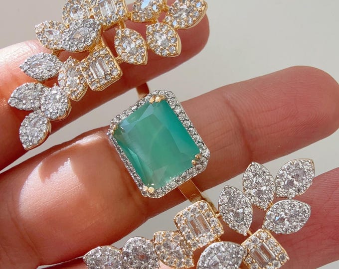 Bridal Kundan 2 tone Mint diamond Ring/Adjustable oversized Ring/Double Finger diamond 2 tone Ring /Indian Wedding jewelry/