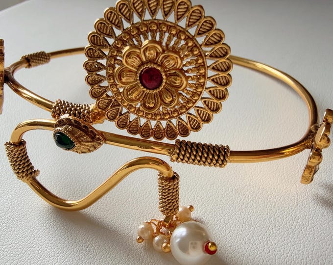 Ganpati Ruby Green Baju bandh/Indian wedding jewelry/Vanki/  Armlet/ Indian Jewelry/ Kundan Ruby green  Polki Baju Band/Antique Bajuband