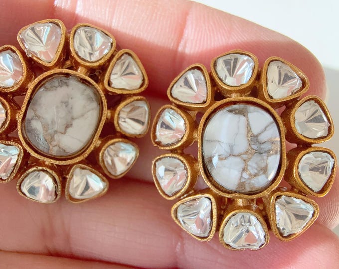 white Moissanite stud Earrings/Moissanite  fire stone diamond Kundan Studs /Indian Jewelry /Statement Stud Earring/
